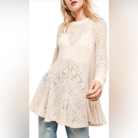 EUC Free People Coffee In The Morning In Chamoix Lace Tunic Top Medium Orig $128 - Picture 1 of 11